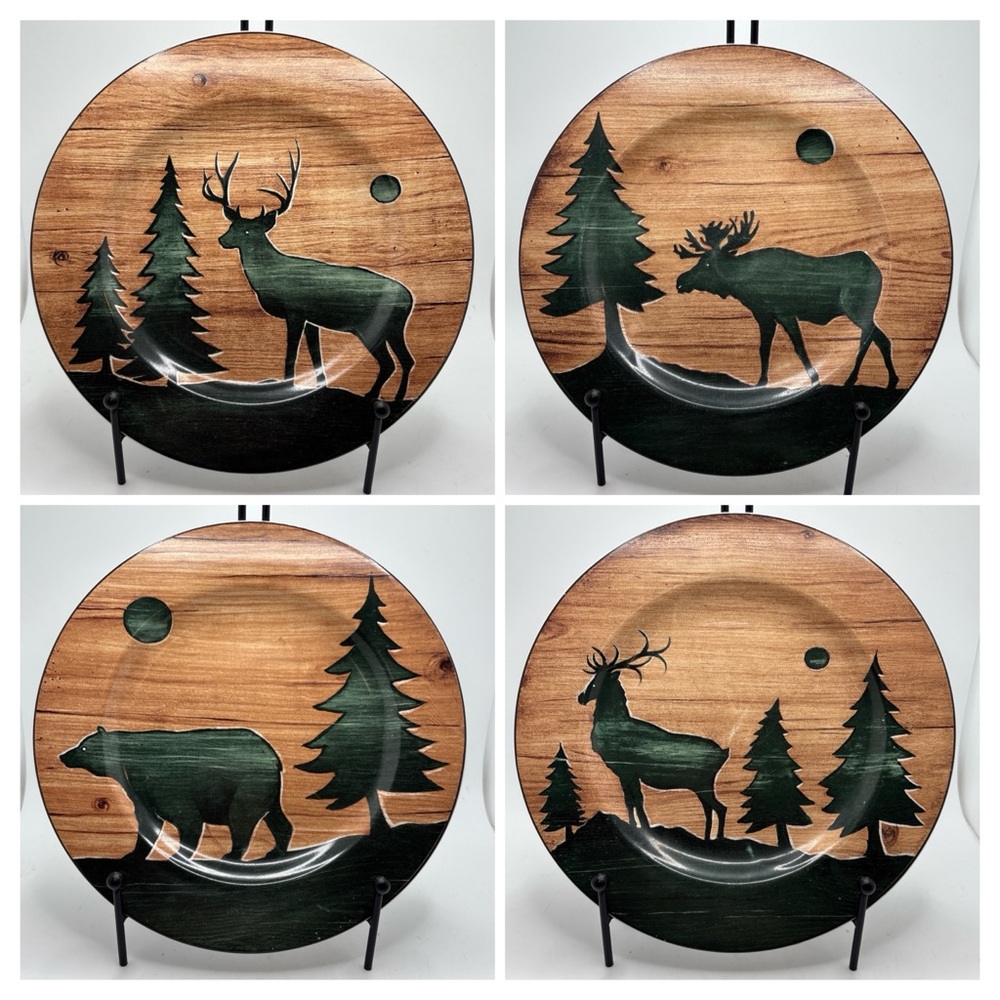 Set of 4 David Carter Brown Collection 8 1/4" Plates Log Cabin 2001 Brown Green